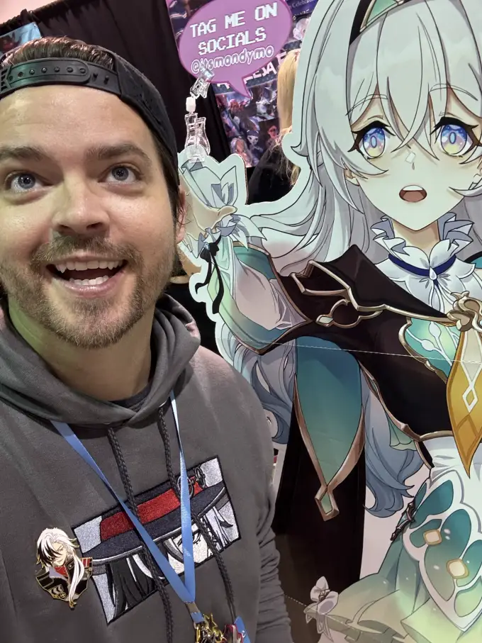 Andrew Russell with a character display at a fan event